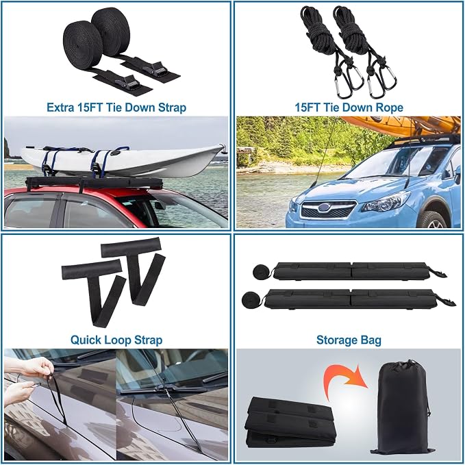 Universal Soft Roof Rack Pads 30“ Luggage Carrier System for Kayak,Surfboard, SUP, Canoe, Snowboard with 2 Tie Down Straps, 2 Tie Down Ropes, 2 Hood Loops and Storage Bag(Black)