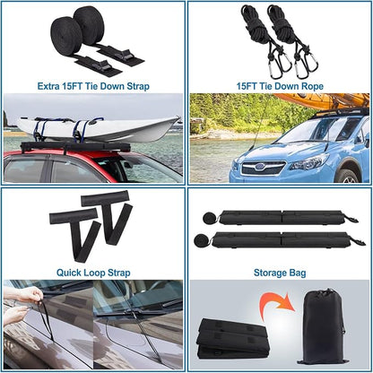 Universal Soft Roof Rack Pads 30“ Luggage Carrier System for Kayak,Surfboard, SUP, Canoe, Snowboard with 2 Tie Down Straps, 2 Tie Down Ropes, 2 Hood Loops and Storage Bag(Black)