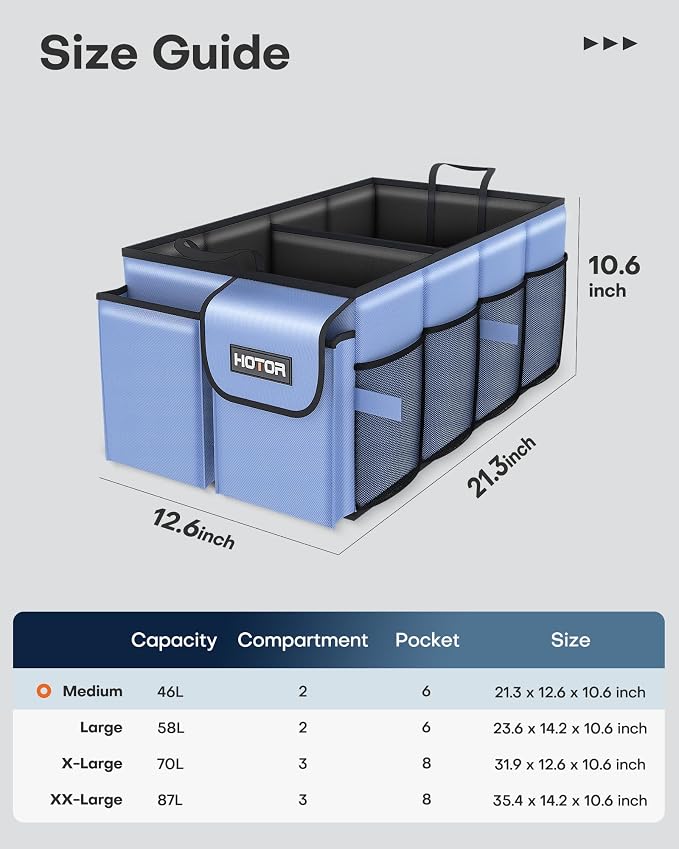 HOTOR Trunk Organizer for Car - Car Organizer, Foldable Trunk organizer for SUVs & Sedans, Sturdy Organization for Car Accessories, Tools, Sundries, Blue, 2 Compartments, 21.3"×12.6"×10.6" | Foldable