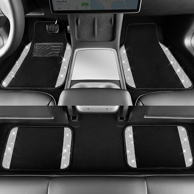 CAR PASS 11 PCS Bling Diamond Car Mats Set for Women Girls, Sparkly Rhinestone Steering Wheel Cover, Waterproof Floor Mats Universal Fit for SUV,Vans,Sedans,Trucks Anti-Slip, Interior Sets Silver