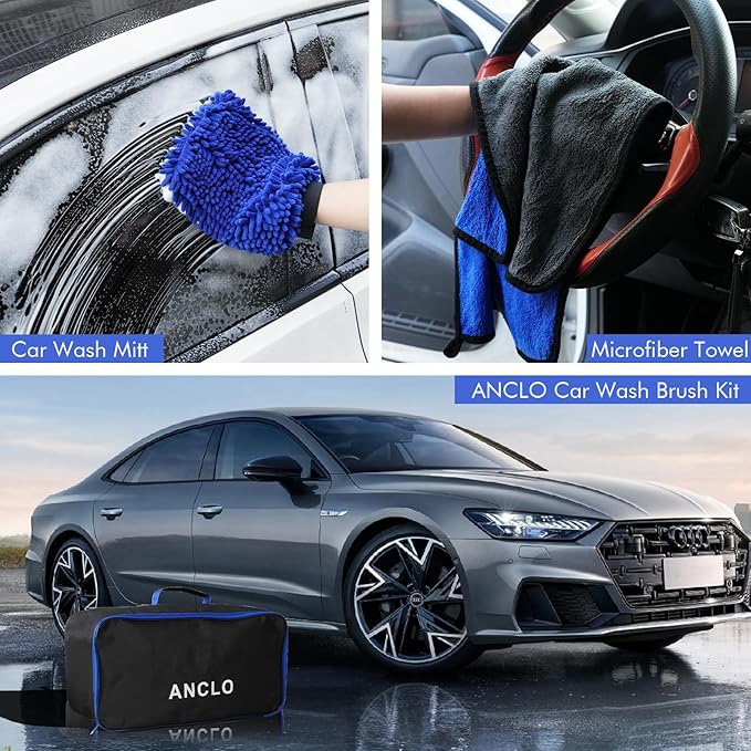 62'' Car Wash Brush with Long Handle, Scratch-Free Car Wash Mop Kit with Wheel Tire Brush, Wash Mitt Towel, Windshield Squeegee, Car Cleaning Brush Kit for Cars RV Truck Boat