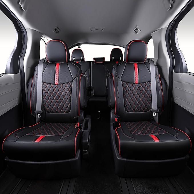Custom Fit Sienna Seat Covers for 2021-2026 Toyota Sienna 7-Passenger XLE XSE Woodland Limited Platinum [Ottoman Not Covered], Waterproof Faux Leather Full Set Airbag Compatible (Black+Red)