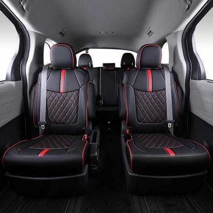 Custom Fit Sienna Seat Covers for 2021-2026 Toyota Sienna 7-Passenger XLE XSE Woodland Limited Platinum [Ottoman Not Covered], Waterproof Faux Leather Full Set Airbag Compatible (Black+Red)