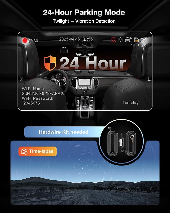 Dash Cam Front and Rear, 4K+2K Recording Dash Camera for Cars, Night Vision with WDR, 170° Wide Angle, 5.8G/2.4G Dual Wi-Fi, 64GB Card, Built-in GPS, G-Sensor Emergency Lock, 24H Parking Monitor