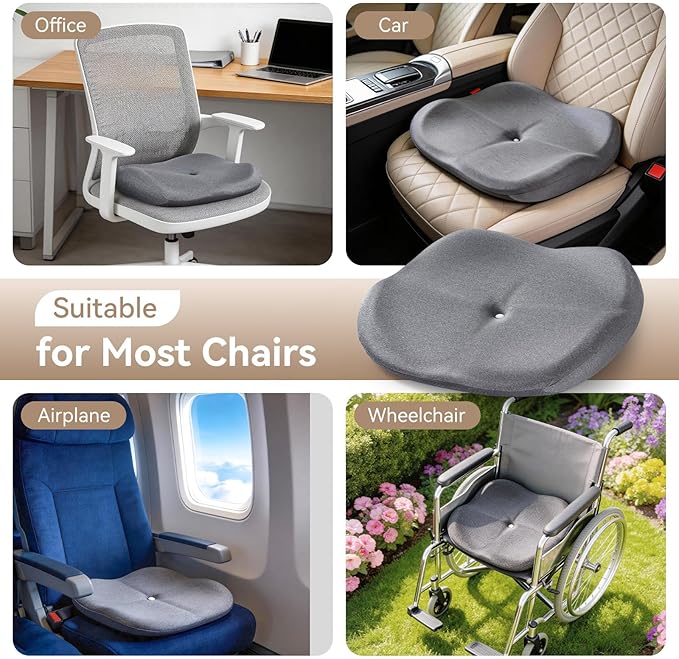 Memory Foam Seat Cushion with Pressure Relief for Office Chair, Car, Wheelchair, and Sofa, Doctor Recommended Orthopedic Cushion for Tailbone Pain, Sciatica, Hip Back Support, Non Slip, Grey