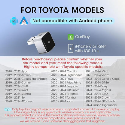 Wireless Carplay Adapter for iPhone, Convert Wired to Apple Carplay Wireless Adapter, Mini Size, Plug and Play, Connection Stable No Delay Car Play for Toyota Specific Models