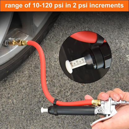 Tire Inflator 10-120 PSI Tire Pressure Gauge with 12 Inch Air Hose，Lock on Air Chuck, Heavy Duty 1/4'' NPT Tire Inflator Gauge Compatible with Air Pump Compressor for Car Truck Motorcycle Bike