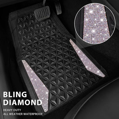CAR PASS Bling Diamond Car Mats Rubber Floor Mats Full Set Anti-Slip 3D Rhombus Waterproof Trim Fit Liner Universal Glitter Crystal Sparkly Shining Rhinestone Girl Women SUV Sedan, Multicolor Diamond