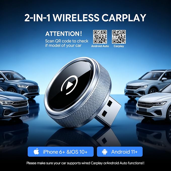 Wireless CarPlay & Android Auto Adapter, 2026 Upgraded 2-in-1 Wireless CarPlay Adapter, Mini Plug & Play, Fast Auto-Connect & No Latency, Easy Setup, Wide Vehicle Compatibility USB & USB-C Port