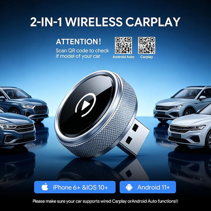 Wireless CarPlay & Android Auto Adapter, 2026 Upgraded 2-in-1 Wireless CarPlay Adapter, Mini Plug & Play, Fast Auto-Connect & No Latency, Easy Setup, Wide Vehicle Compatibility USB & USB-C Port