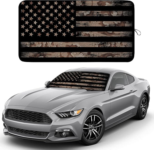 EcoNour Camoflage American Flag Windshield Sun Shade –240T Reflective Polyester Blocks 99% UV & Heat Protection | Patriotic Car Accessory Sedans, Hatchbacks, Small SUVs | Universal Fit (66" x 34")