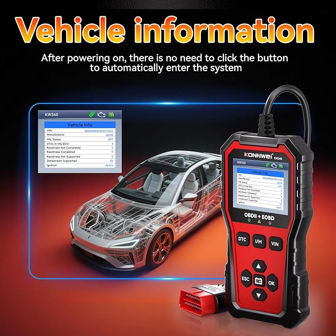 KONNWEI KW340 OBD2 Scanner Diagnostic Tool Code Reader for All OBDII Cars | Read & Clear Engine Codes, Live Data Stream, Battery Test, I/M Readiness, O2/EVAP Test, OBDII/EOBD