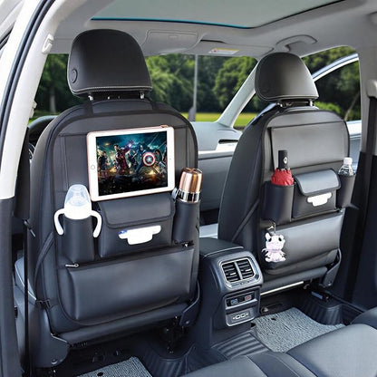 Viaviat Car Seat Organizers Waterproof Backseat Protector with Storage Pocket Large Leather Kick Mats for Kids Pets Automobile SUV Truck (Black, Large Pocket)
