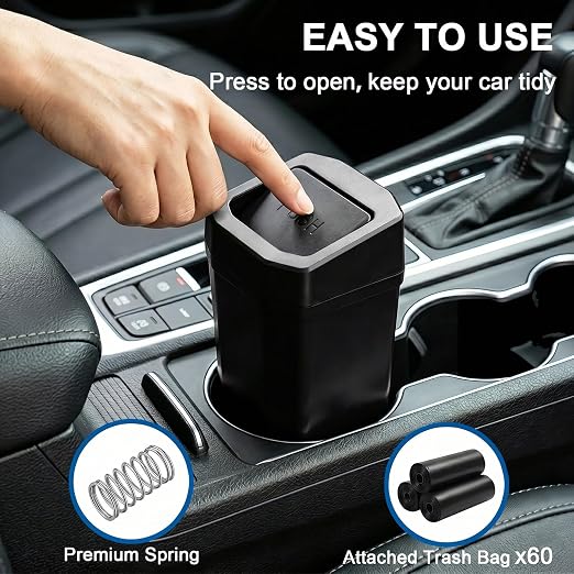 Car Trash Can, 2 Packs Mini Car Garbage Can with Lid, Leakproof Small Cup Holder Trash Can for Car with 60 Trash Bags, Vehicle SUV Truck Organizers and Storage for Home, Office, Black