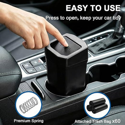 Car Trash Can, 2 Packs Mini Car Garbage Can with Lid, Leakproof Small Cup Holder Trash Can for Car with 60 Trash Bags, Vehicle SUV Truck Organizers and Storage for Home, Office, Black