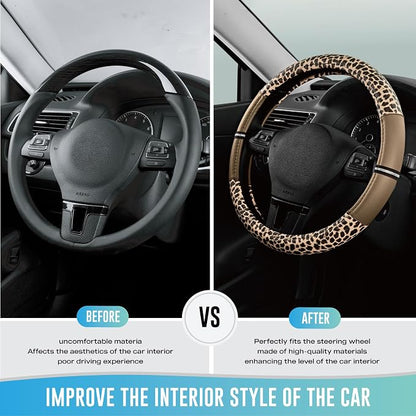 Road Comforts Leopard Steering Wheel Cover for Women, Cute Anti-Slip Microfiber Leather, Universal Fit 14.5-15 Inch Round Steering Wheel - Beige