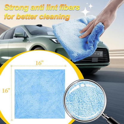 Car Wash Drying Towels, 450gsm Ultra-Thick Absorbent Lint-Free Extra Soft Microfiber Rags for Car Detailing, Interior & Exterior Cleaning Cloths, 16in x 16in - Coral Fleece, Blue, 12 Packs