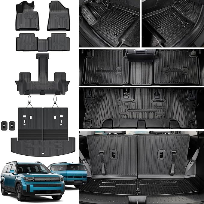 Floor Mats for 2024 2025 2026 Hyundai Santa Fe Car Mat Accessories(Fit Hybrid and Gas), All Weather TPE Cargo Mat Trunk Mat with Backrest Mats