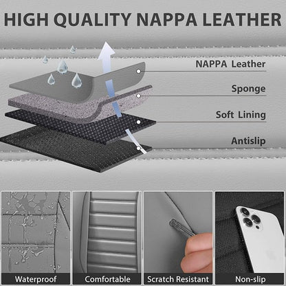 CAR PASS Nappa Leather Car Seat Covers Front Seats, Luxury Seat Protector for Cars, Waterproof Anti-Slip Seat Cushion Airbag Compatible Universal for Sedan SUV Pick-up Truck Automotive Vehicle, Gray