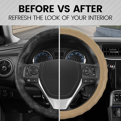 BDK Genuine Beige Leather Steering Wheel Cover for Car, Small 13.5-14 inch – Ergonomic Comfort Grip for Men & Women, Car Steering Wheel Cover for Vehicles with Small Steering Wheel