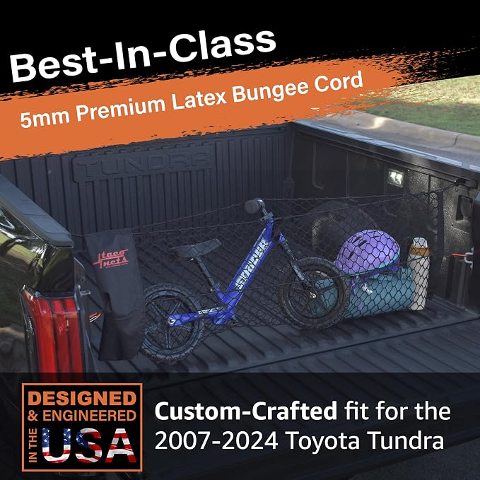 TacoNets Envelope Cargo Net for Toyota Tundra - Fits 2007-Current - Patented Bed Rail Integration - Upgraded 5mm Bungee - Integrated Storage Bag - Heavy Duty Carabiners - Designed in USA