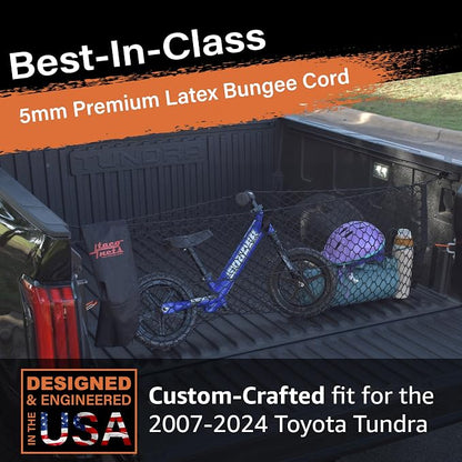 TacoNets Envelope Cargo Net for Toyota Tundra - Fits 2007-Current - Patented Bed Rail Integration - Upgraded 5mm Bungee - Integrated Storage Bag - Heavy Duty Carabiners - Designed in USA