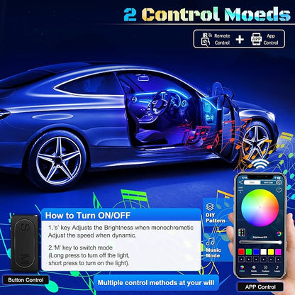 RGB Acrylic Interior Car LED Strip Light with Wireless APP, 10 in 1 with 175 inches 593 LEDs Neon LED Strip Light, 16 Million Colors Dynamic Music Sync Car Ambient Lighting Kits