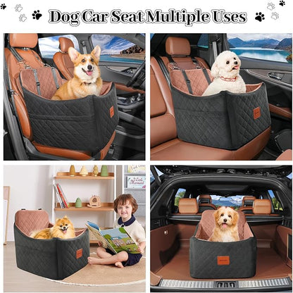 Dog Car Seat for Small/Medium Dogs, Memory Foam Dog Booster Seat, Travel Safety Pet Car Seat with Washable Removable Cover, Storage Pockets for Dogs up to 35 lbs((Black/Brown, Medium)