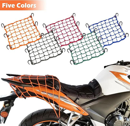 Small Cargo Net 15"x15" Stretches to 30"x30" with Thicken Hooks | Natural Latex Core, Tight 2”x2” Mesh Heavy Duty Bungee Net for Motorcycle Helmet, Bike, ATV, UTV, Luggage (Orange, 2 Pack)