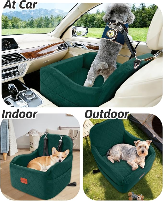 Lealchum Dog Booster Car Seat for Small/Medium Dogs,6in Elevated Cushion,Fully Detachable and Washable,2 Storage Pockets & 3 Straps,Fits in Front/Back Seat,Easy to Install (Green,Medium)