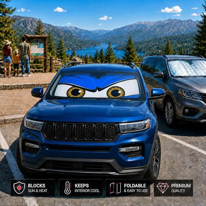 Car Windshield Sun Shade, Blue Monster Style Sun Visor for Windshield, Windshield Cover Universal Fits Mid-Large Sendan SUV Crossover Family Vehicle, UV Heat Protection - 63 x 31.5