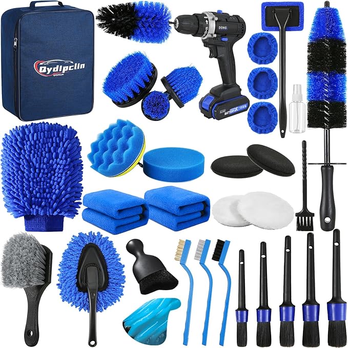 Qydipclin 34Pcs Car Detailing Kit, Car Detailing Brush Set, Car Wash Cleaning Kit, Car Detailing Brushes, Professional Car Care Kit for Interior Exterior Wheels, Blue