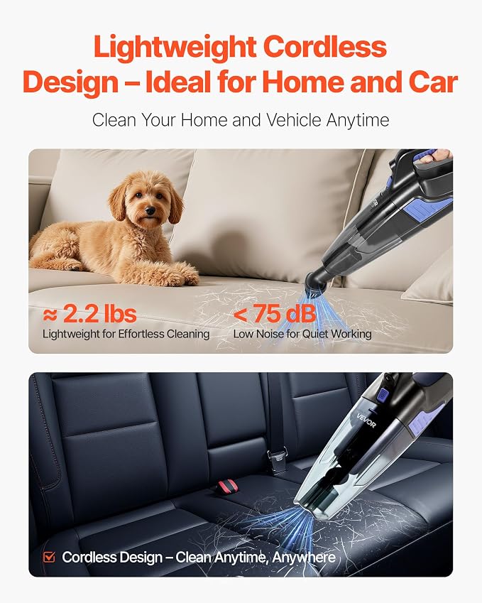 VEVOR Handheld Vacuum, Portable Vacuum Cleaner Cordless with HEPA Filter and Brushes, Lightweight Hand Held Cleaner with Powerful Suction, for Car, Home, Office, Pet Hair