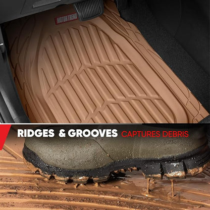 Motor Trend Original FlexTough Beige Rubber Car Floor Mats for 3 Row Vehicles, Front & Rear 2nd Row Deep Dish All Weather Automotive Heavy Duty Trim to Fit, Automotive Liners for Cars Truck Van SUV
