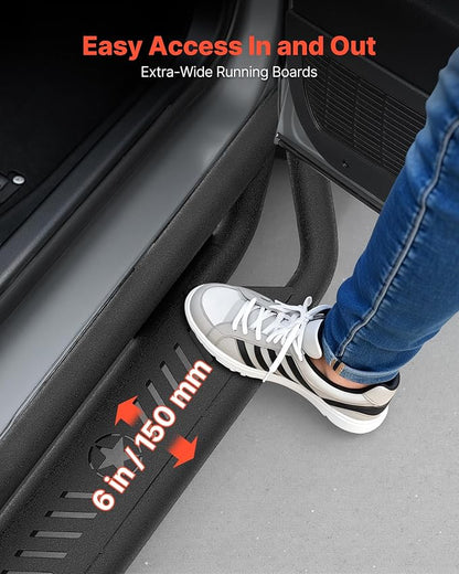 VEVOR Running Boards Compatible with 2018-2025 Jeep Wrangler JL 4 Door, 6 Inches Side Steps, Black Carbon Steel Nerf Bars, 550 lbs Load Capacity, Wide Non-Slip Hollow Surface with Rustproof Coating