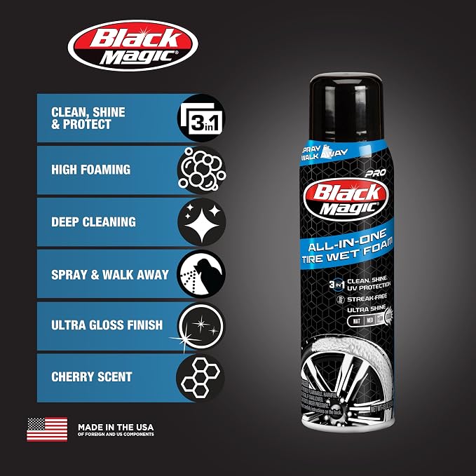 Black Magic 120255 All in One Tire Wet Foam Cleans, Shines & Protects Tires while Lifting away Grime, Grease & Dirt, Ultra Gloss Shine - Cherry Scent