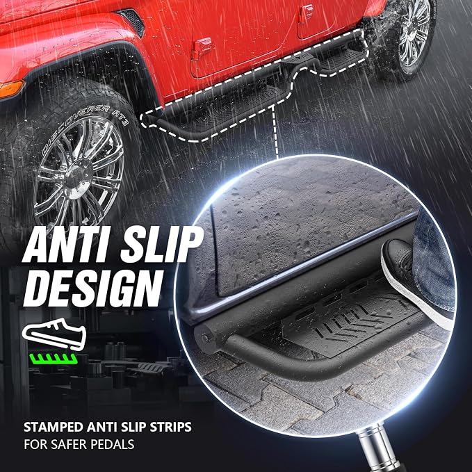 Running Boards Compatible with 2020-2026 Jeep Gladiator JT 4 Doors, Heavy-Duty Steel Nerf Bars Two Stairs Design Side Steps Bolt-on Step Plates Rock Sliders Rail