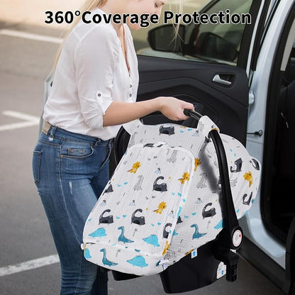 Rquite Car Seat Cover Baby, Carseat Covers Girl Boy, Breathable Muslin Cotton, Large Mesh Window, Infant Car Seat Canopy Baby Carrier Cover Stroller Sun Shade for Summer & Hot Day