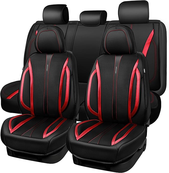 CAR PASS Nappa Leather Car Seat Covers, Durable Waterproof Luxury Universal Seat Covers for SUV Pick-up Truck Sedan, Anti-Slip Driver 5 Seat Covers Full Set with Backrest, Black Metallic Red