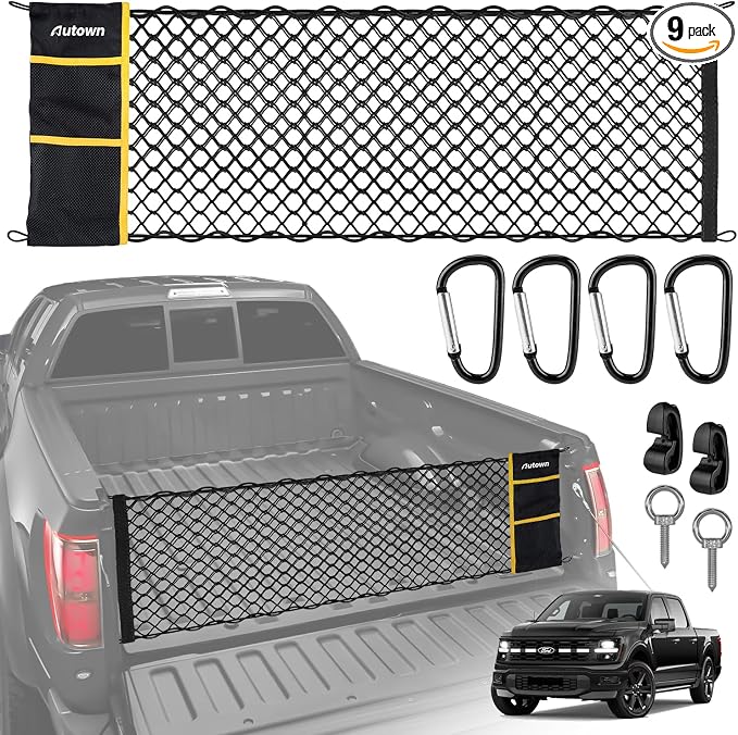 AUTOWN Truck Bed Cargo Net, Envelope Style Bed Netting for 2015+ Ford F150 & 2017+ F250/F350/F450, Pickup Truck Bed Organizer with 5mm Bungee & Integrated Storage Bag & Eyebolts & Carabiners