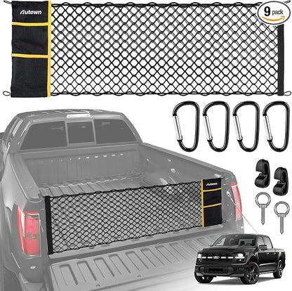 AUTOWN Truck Bed Cargo Net, Envelope Style Bed Netting for 2015+ Ford F150 & 2017+ F250/F350/F450, Pickup Truck Bed Organizer with 5mm Bungee & Integrated Storage Bag & Eyebolts & Carabiners