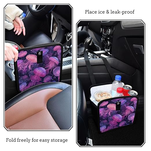 Car Trash Can Organizer Bin with Adjustable Strap for Back Front Seat Console Waterproof Leakproof Collapsible Portable 8.66 Inch Jellyfishes and Bubbles Pink
