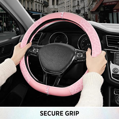 Road Comforts Leopard Steering Wheel Cover for Women, Cute Anti-Slip Microfiber Leather, Fits D Shape Flat Bottom Steering Wheel 14.5-15 Inch - Pink and Pink Leapoard
