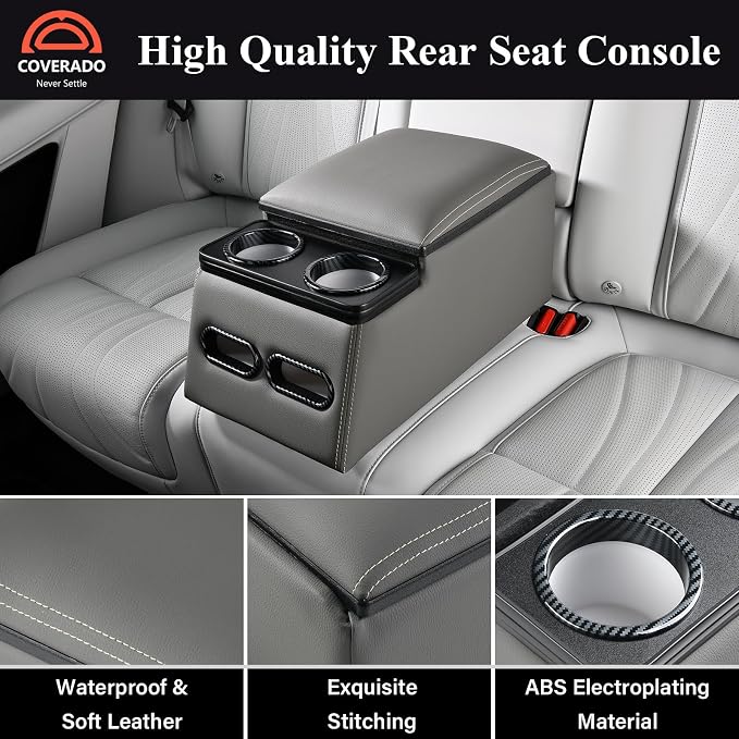 Coverado Car Center Console, Universal Bench Seat Center Consoles, Center Console for Van, Back Seat Storage Box, Rear Seat Car Console Organizer with Cup Holder, Central Armrest Box (Regular, Gray)