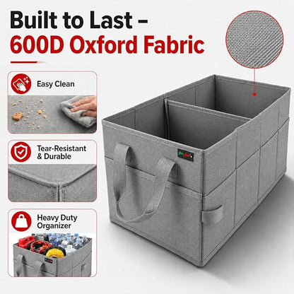 PAT SAM'S Car Trunk Organizer for SUV, Foldable Collapsible Storage Organizer with Dividers, Non-Slip Waterproof 600D Oxford, Backseat & Trunk Storage for Groceries, Tools, Toys (Gray)