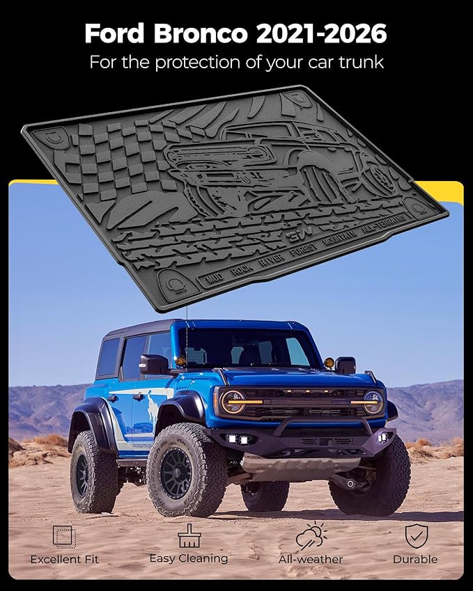 3W Cargo Liner Custom Fit for 2021-2025 2026 Ford Bronco 4 Door, All Weather TPE Heavy Duty Truck Car Mat Accessories Fit for Bronco Trunk Mat, Black (Not for Bronco Sport)