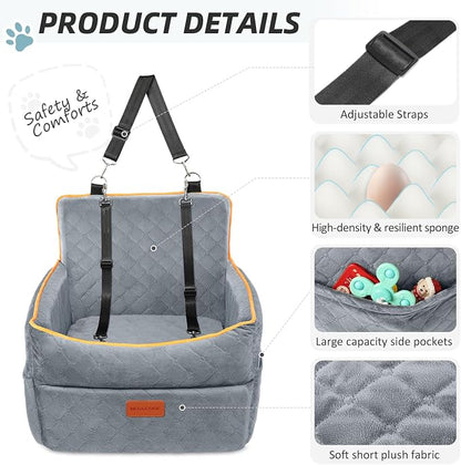 HEGGCOOE Dog Car Seat for Small Medium Dogs, Memory Foam Puppy Dog Booster Seat with Thick Cushion for Dogs Under 35lbs, Detachable Washable Pet Car Seat Travel Bed with Storage Pockets,2 Safety Belts