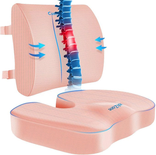 CushZone Ergonomic Seat Cushion & Lumbar Support Pillow - Memory Foam for Sciatica Pain Relief & Posture Correction, Non-Slip Chair Cushions for Office Chair/Car/Wheelchair/Travel (Pink)
