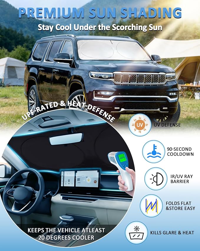 Windshield Sun Shade for Jeep Wagoneer 2022-2026, Custom-Fit Wagoneer Sun Visor Protector, 99% UV Block Heat Sun Shield, Silver Reflective Front Window Sunshade