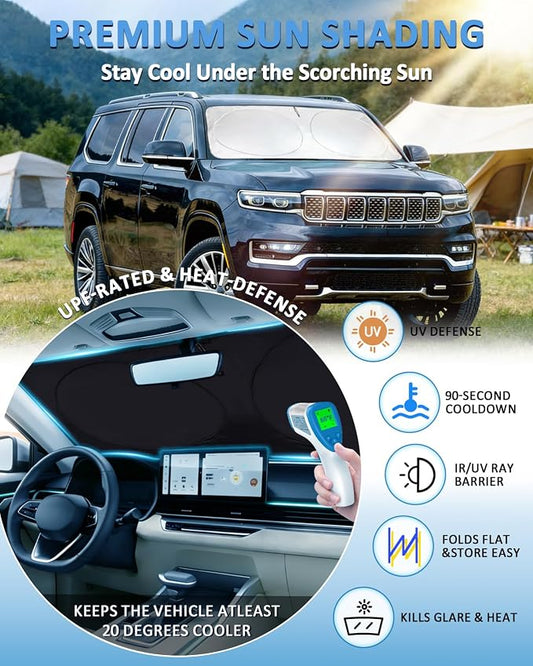 Windshield Sun Shade for Jeep Wagoneer 2022-2026, Custom-Fit Wagoneer Sun Visor Protector, 99% UV Block Heat Sun Shield, Silver Reflective Front Window Sunshade